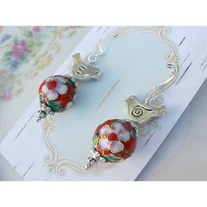 B2G1 Red Cloisonne Bead Bird Earrings Handmade US Artisan